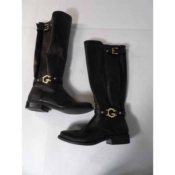 G by Guess Womens Tall Black Riding Boots 7M Faux Leather Logo Buckle Zip Moto - Picture 13 of 16